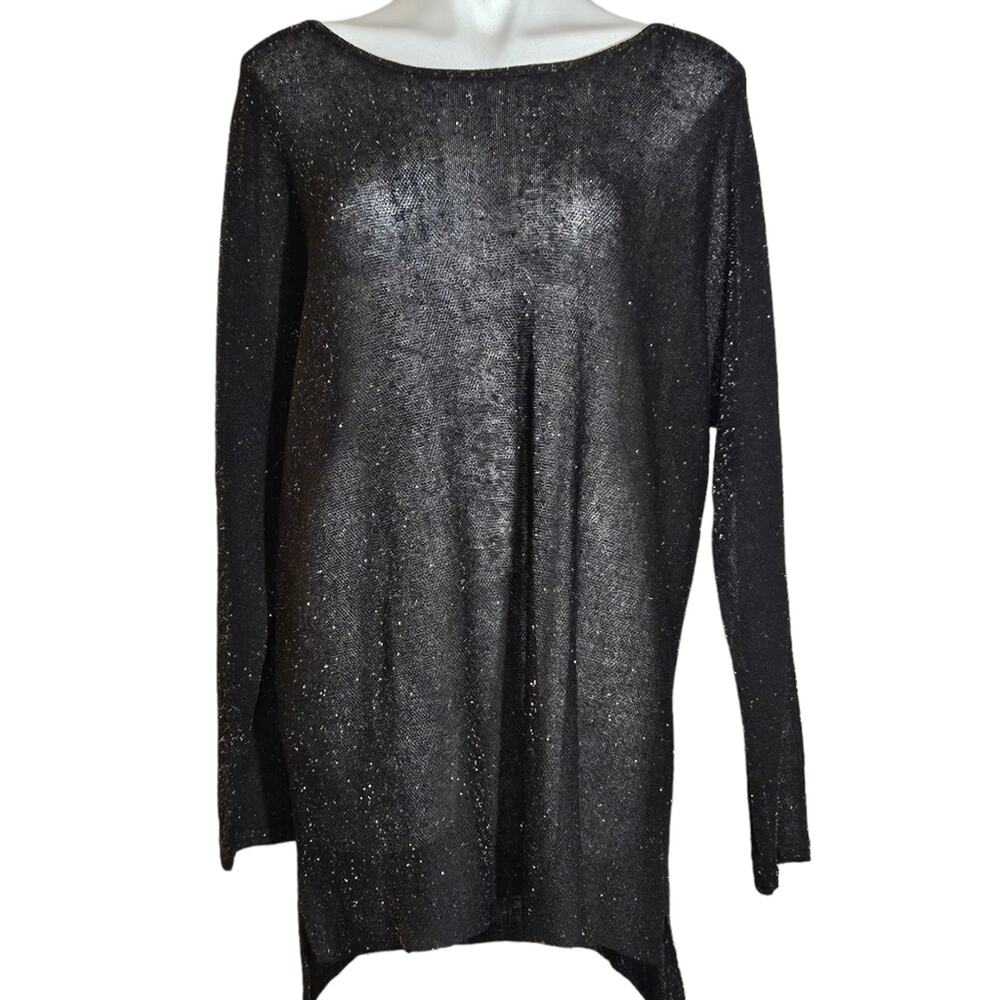 Eileen Fisher Black Metallic Organic Linen Knit Tunic Blouse Women’s Size Large